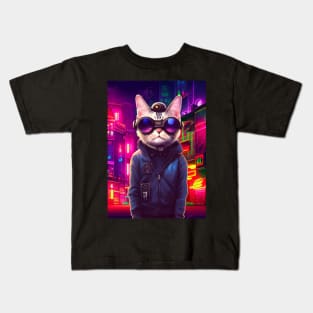 Techno Cat In Japan Neon City Kids T-Shirt